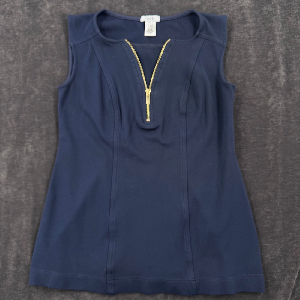 VTG Cache Women S Navy Blue Ponte Knit Gold Zip Front Sleeveless Princess Seam